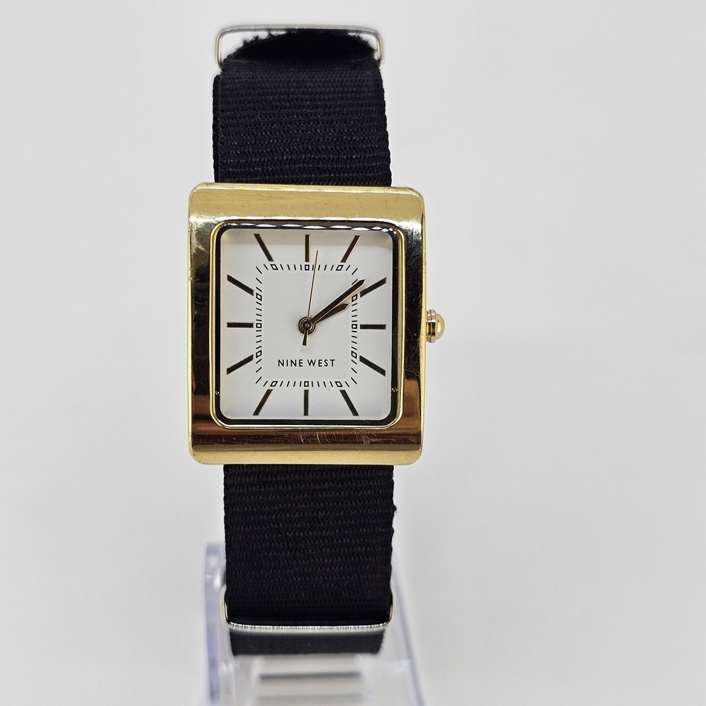 Nine West Analog Women's Watch 27MM White Dial NEW Black Canvas Band NEW Battery